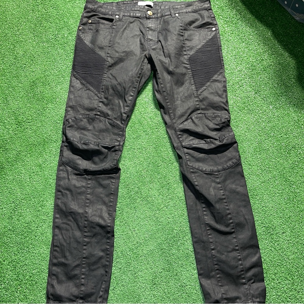 Pierre Balmain Mens Waxed Jeans Biker Moto size 38 Embroidered PB